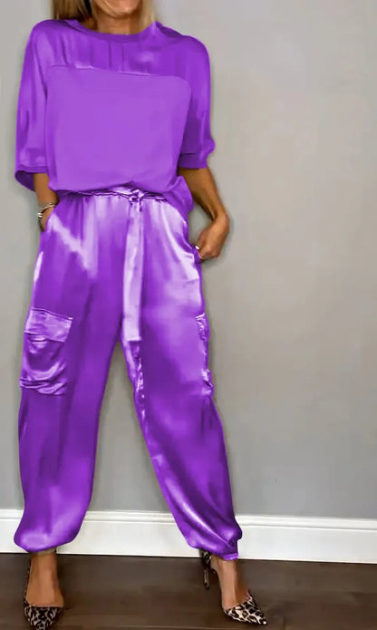 Smooth Satin Half-sleeved Top and Pants Set