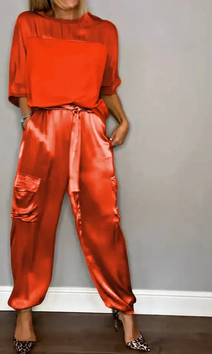 Smooth Satin Half-sleeved Top and Pants Set