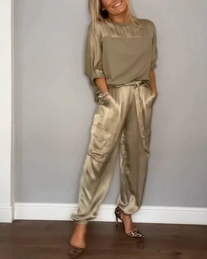 Smooth Satin Half-sleeved Top and Pants Set